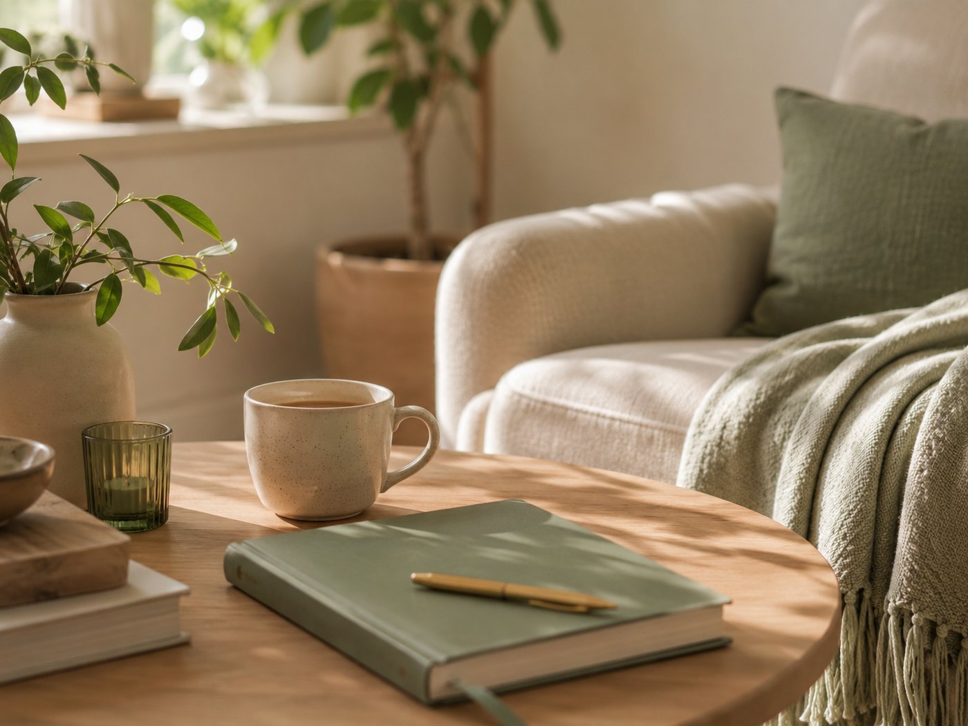 Rincón tranquilo con cuaderno, taza y luz natural